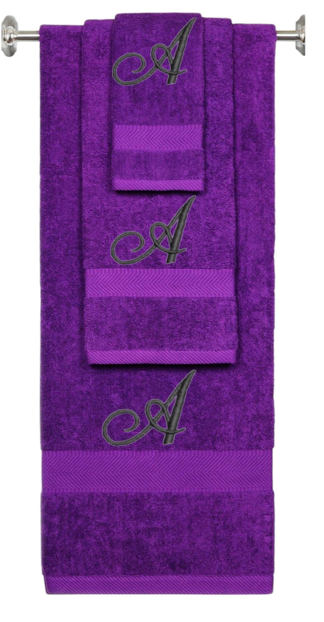 Purple monogrammed towel set with Black thread, Diana Script font, initial A - 540 GSM cotton 3-piece