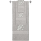 Silver monogrammed towel set with Silver thread, Diana Script font, initial D - 540 GSM cotton 3-piece