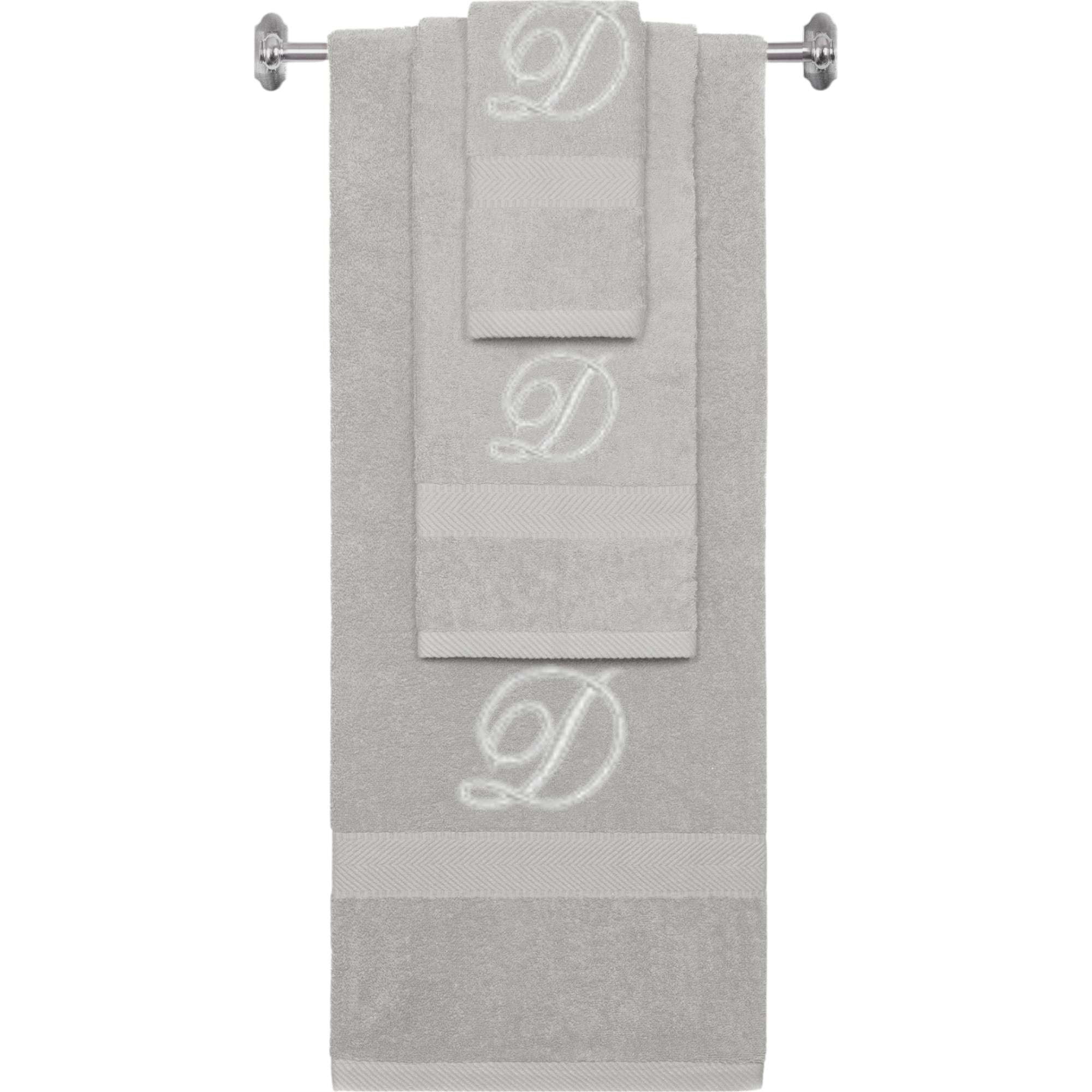 Silver monogrammed towel set with Silver thread, Diana Script font, initial D - 540 GSM cotton 3-piece