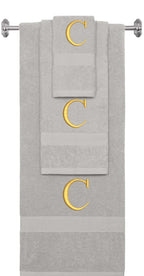 Silver monogrammed towel set with Gold thread, Times New Roman font, initial C - 540 GSM cotton 3-piece