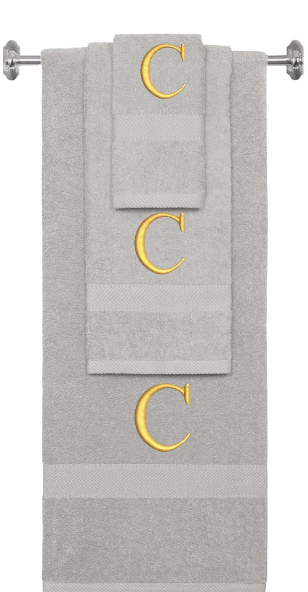 Silver monogrammed towel set with Gold thread, Times New Roman font, initial C - 540 GSM cotton 3-piece