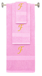 Pink monogrammed towel set with Gold thread, Chancery font, initial F - 540 GSM cotton 3-piece