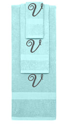 Nautical Teal monogrammed towel set with Black thread, Diana Script font, initial V - 540 GSM cotton 3-piece