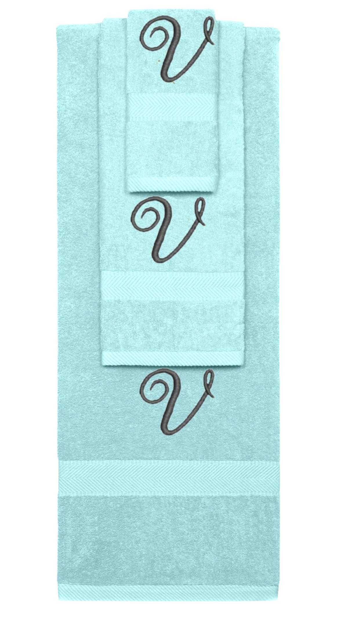Nautical Teal monogrammed towel set with Black thread, Diana Script font, initial V - 540 GSM cotton 3-piece