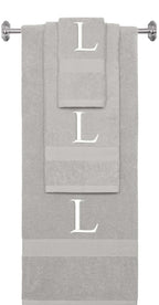 Silver monogrammed towel set with White thread, Times New Roman font, initial L - 540 GSM cotton 3-piece