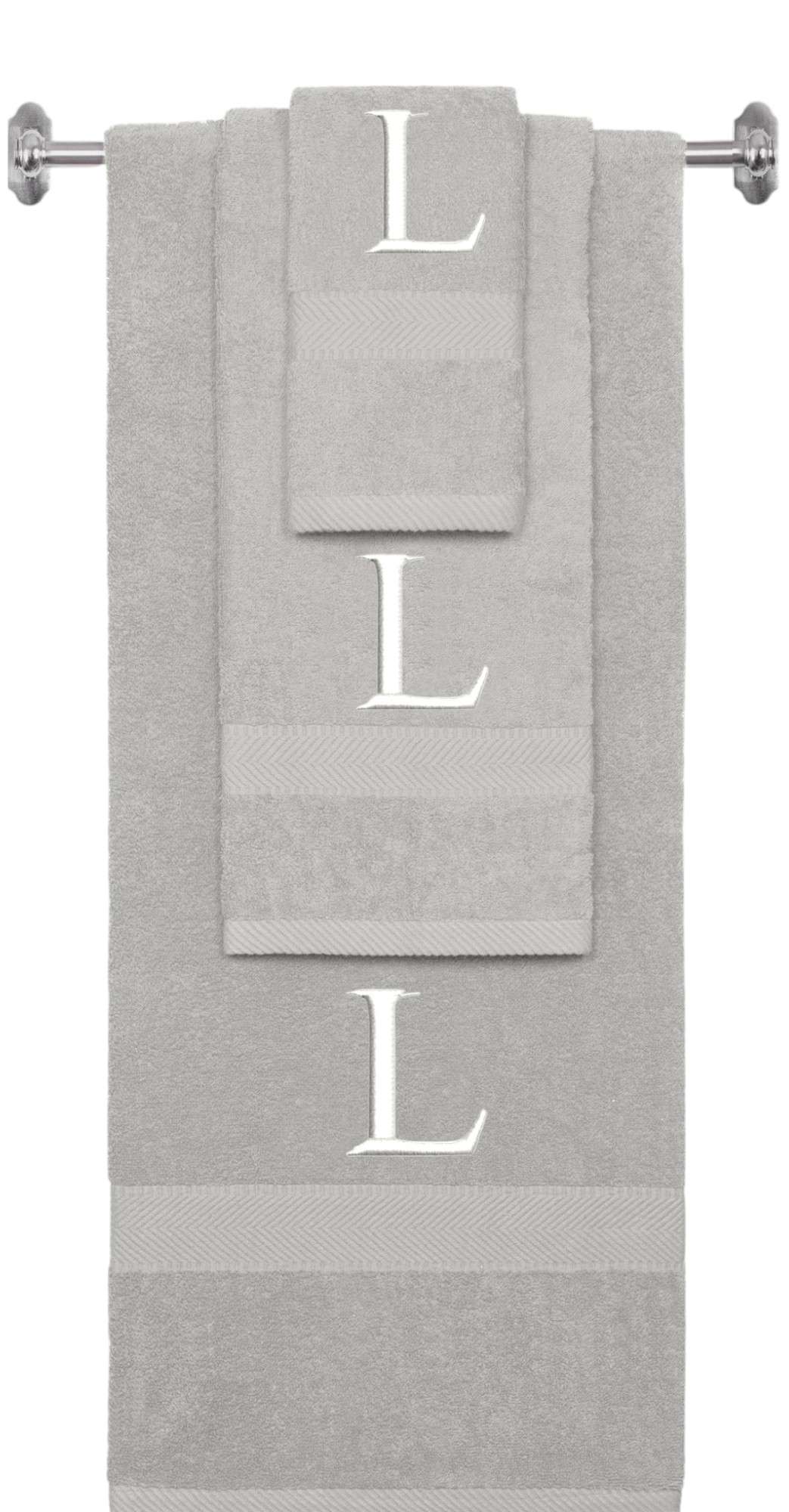 Silver monogrammed towel set with White thread, Times New Roman font, initial L - 540 GSM cotton 3-piece