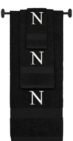 Black monogrammed towel set with White thread, Times New Roman font, initial N - 540 GSM cotton 3-piece
