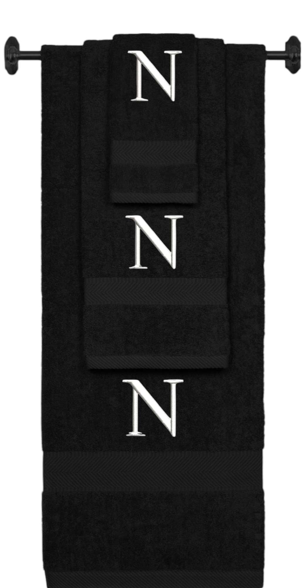 Black monogrammed towel set with White thread, Times New Roman font, initial N - 540 GSM cotton 3-piece