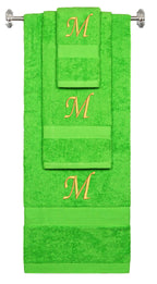 Lime monogrammed towel set with Gold thread, Chancery font, initial M - 540 GSM cotton 3-piece
