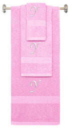 Pink monogrammed towel set with White thread, Chancery font, initial Y - 540 GSM cotton 3-piece