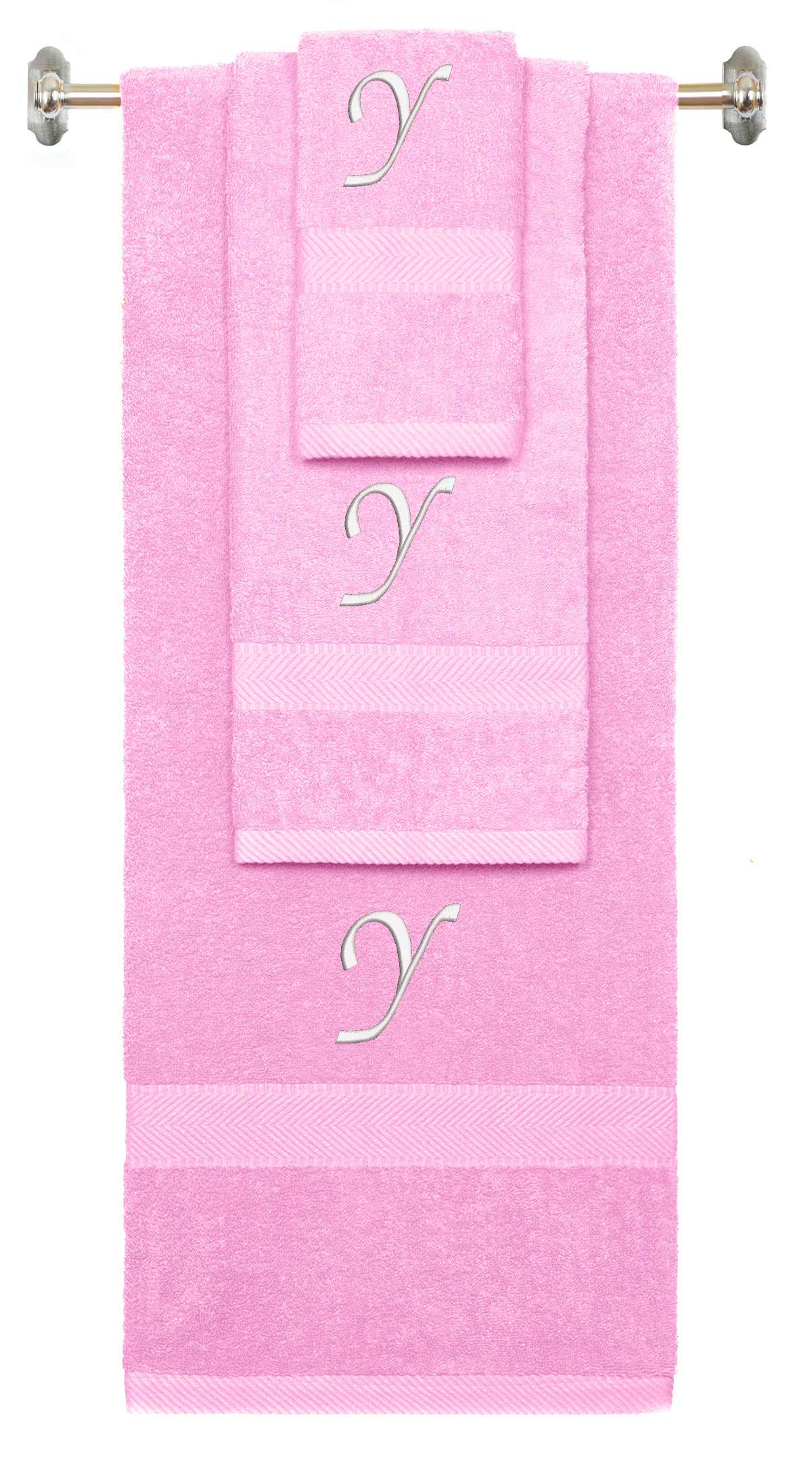 Pink monogrammed towel set with White thread, Chancery font, initial Y - 540 GSM cotton 3-piece