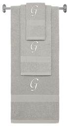 Silver monogrammed towel set with White thread, Chancery font, initial G - 540 GSM cotton 3-piece