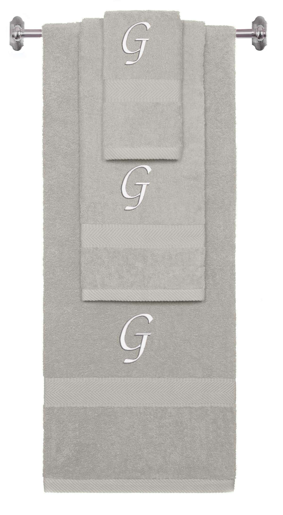 Silver monogrammed towel set with White thread, Chancery font, initial G - 540 GSM cotton 3-piece