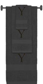 Charcoal monogrammed towel set with Black thread, Times New Roman font, initial Y - 540 GSM cotton 3-piece