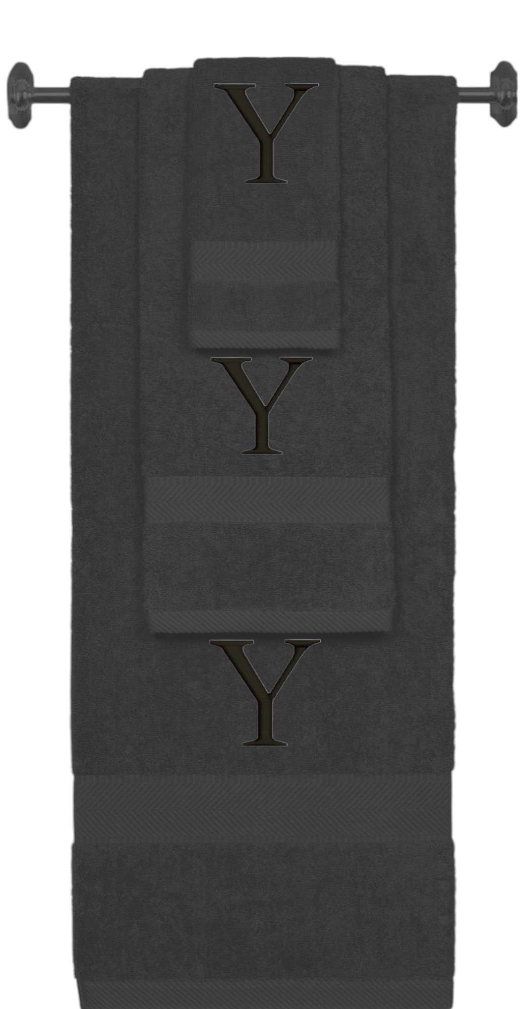 Charcoal monogrammed towel set with Black thread, Times New Roman font, initial Y - 540 GSM cotton 3-piece