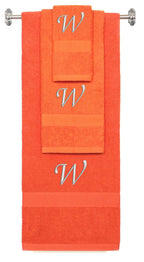 Orange monogrammed towel set with Silver thread, Chancery font, initial W - 540 GSM cotton 3-piece