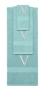 Nautical Teal monogrammed towel set with Silver thread, Times New Roman font, initial V - 540 GSM cotton 3-piece