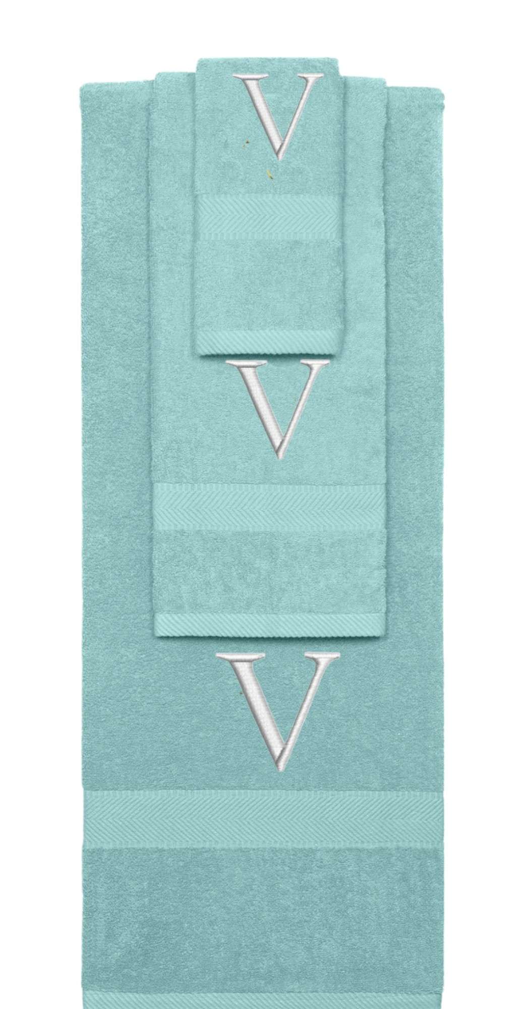 Nautical Teal monogrammed towel set with Silver thread, Times New Roman font, initial V - 540 GSM cotton 3-piece