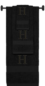 Black monogrammed towel set with Black thread, Times New Roman font, initial H - 540 GSM cotton 3-piece