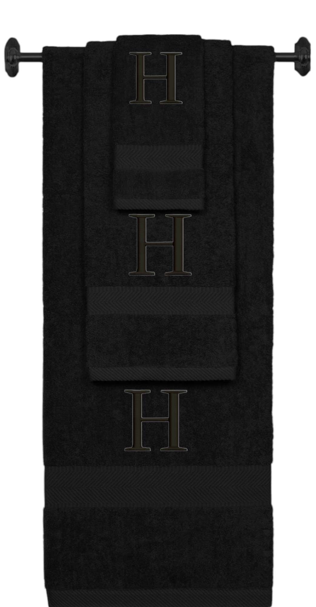 Black monogrammed towel set with Black thread, Times New Roman font, initial H - 540 GSM cotton 3-piece