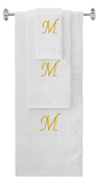 White monogrammed towel set with Gold thread, Chancery font, initial M - 540 GSM cotton 3-piece