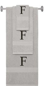 Silver monogrammed towel set with Black thread, Times New Roman font, initial F - 540 GSM cotton 3-piece