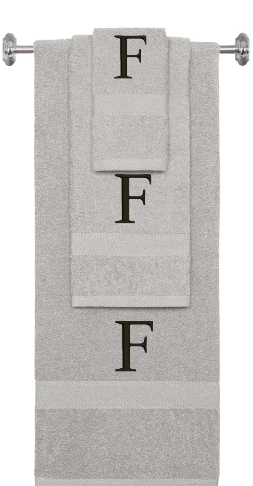 Silver monogrammed towel set with Black thread, Times New Roman font, initial F - 540 GSM cotton 3-piece
