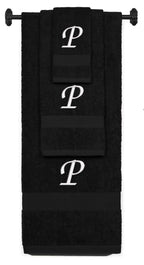 Black monogrammed towel set with White thread, Chancery font, initial P - 540 GSM cotton 3-piece