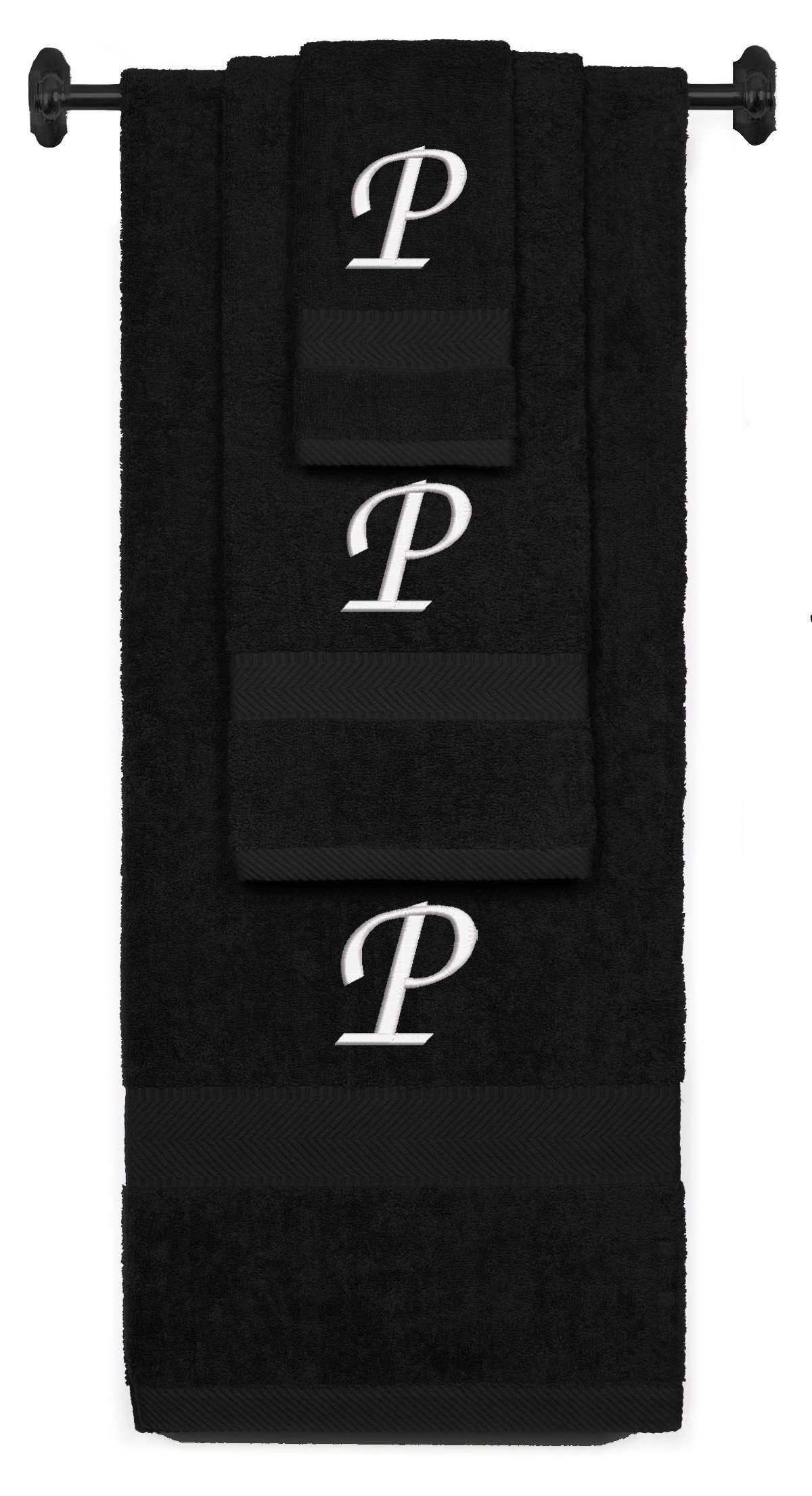 Black monogrammed towel set with White thread, Chancery font, initial P - 540 GSM cotton 3-piece