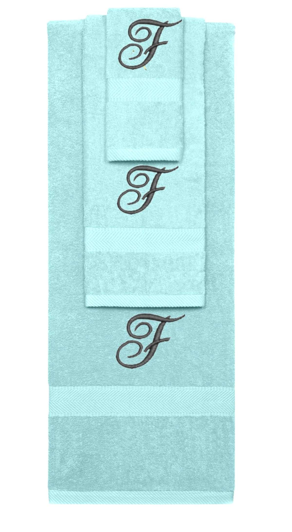 Nautical Teal monogrammed towel set with Black thread, Diana Script font, initial F - 540 GSM cotton 3-piece