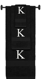 Black monogrammed towel set with White thread, Times New Roman font, initial K - 540 GSM cotton 3-piece