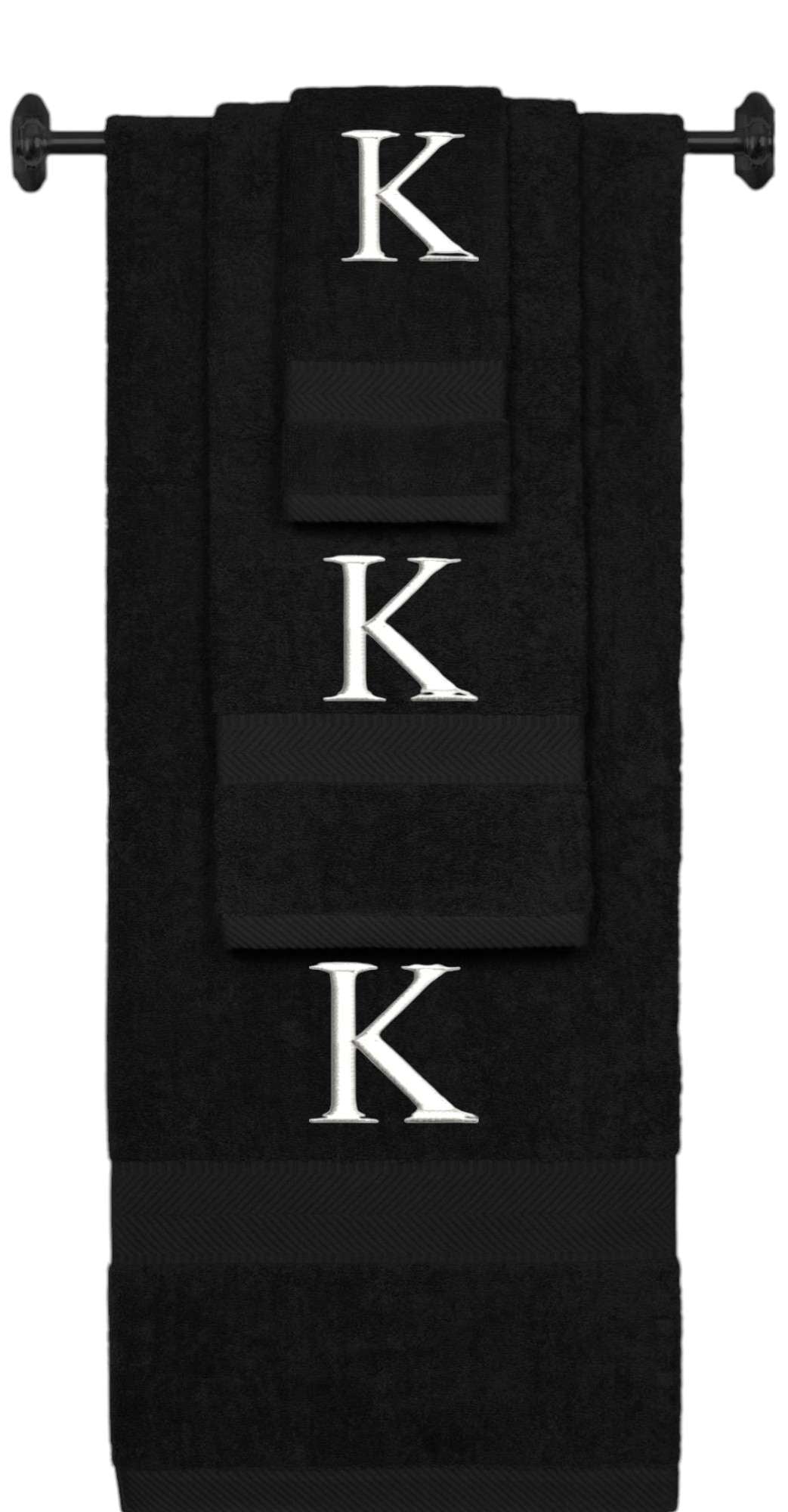 Black monogrammed towel set with White thread, Times New Roman font, initial K - 540 GSM cotton 3-piece