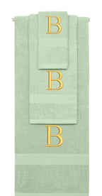 Mint Green monogrammed towel set with Gold thread, Times New Roman font, initial B - 540 GSM cotton 3-piece