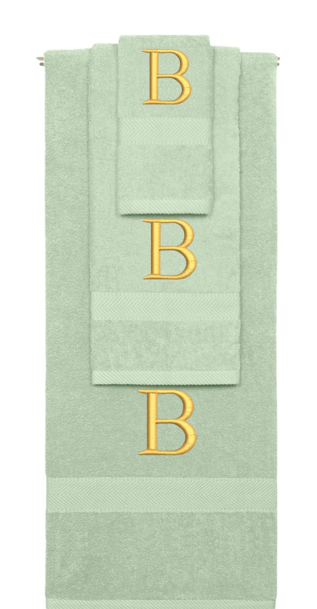 Mint Green monogrammed towel set with Gold thread, Times New Roman font, initial B - 540 GSM cotton 3-piece