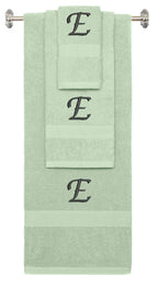 Mint Green monogrammed towel set with Black thread, Chancery font, initial E - 540 GSM cotton 3-piece