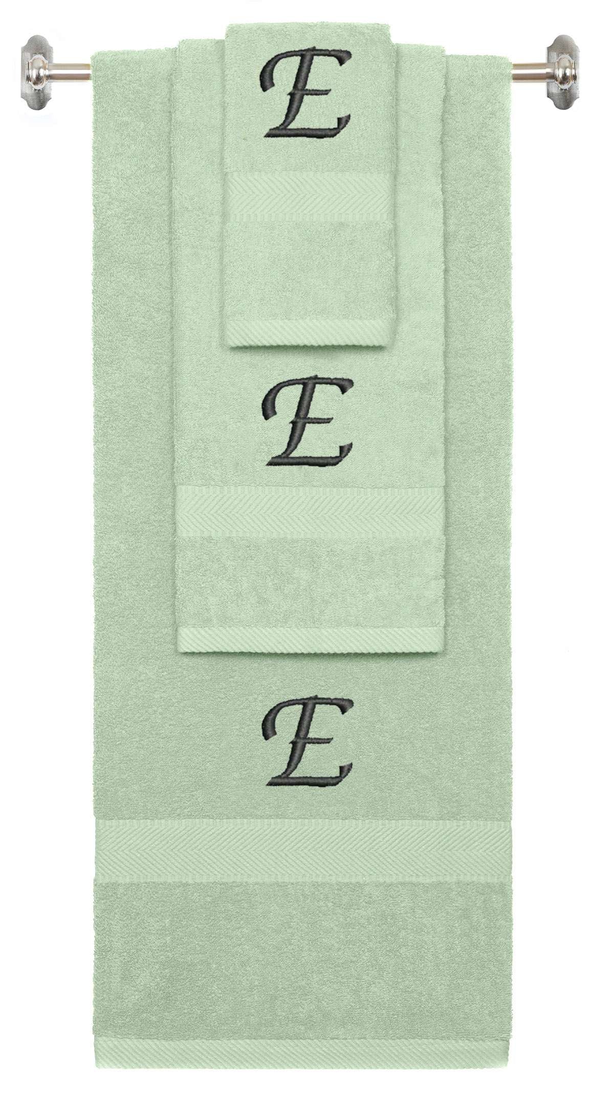 Mint Green monogrammed towel set with Black thread, Chancery font, initial E - 540 GSM cotton 3-piece