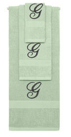 Mint Green monogrammed towel set with Black thread, Diana Script font, initial G - 540 GSM cotton 3-piece