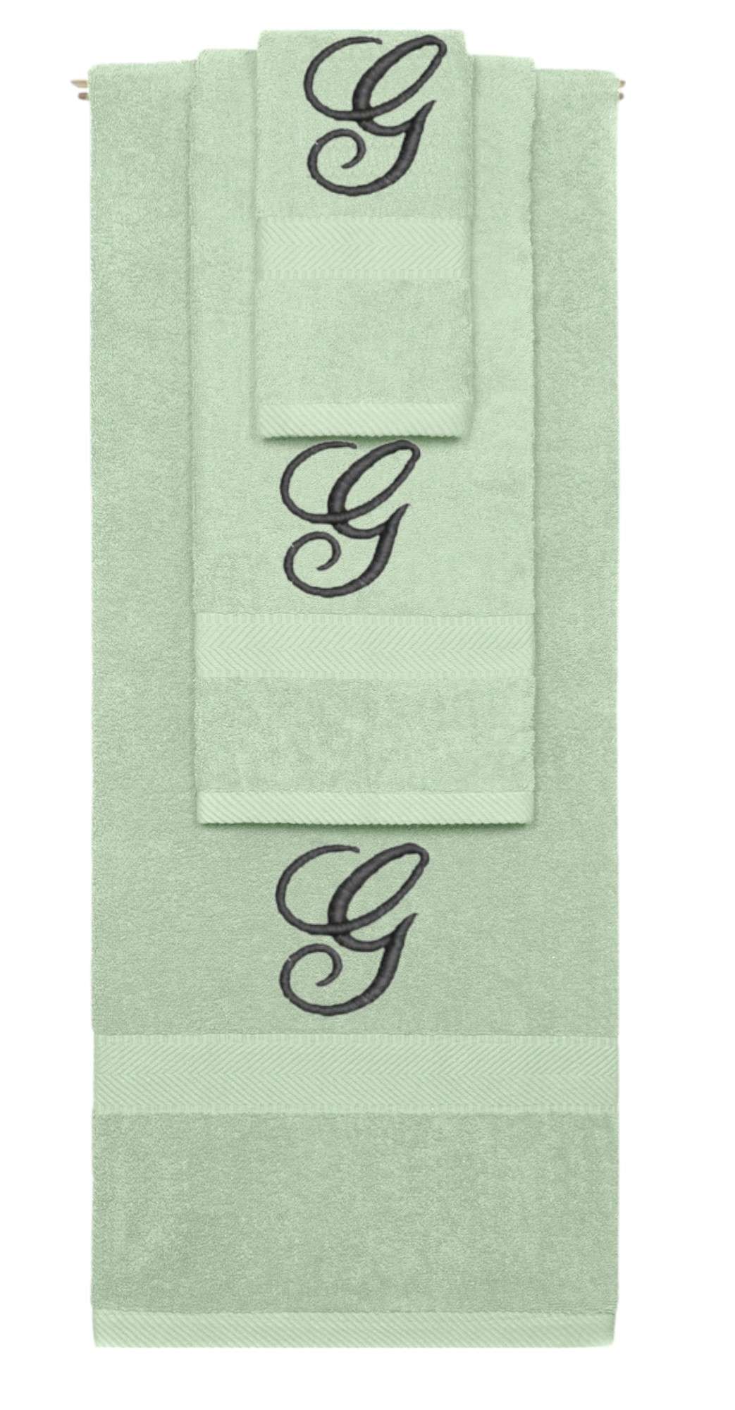 Mint Green monogrammed towel set with Black thread, Diana Script font, initial G - 540 GSM cotton 3-piece