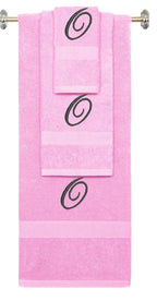 Pink monogrammed towel set with Black thread, Diana Script font, initial O - 540 GSM cotton 3-piece