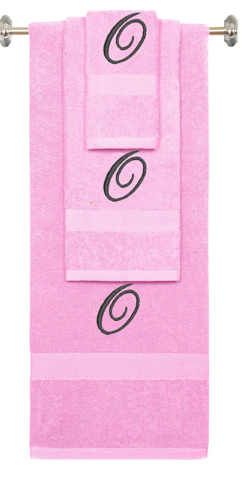 Pink monogrammed towel set with Black thread, Diana Script font, initial O - 540 GSM cotton 3-piece