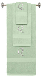 Mint Green monogrammed towel set with Silver thread, Chancery font, initial Q - 540 GSM cotton 3-piece