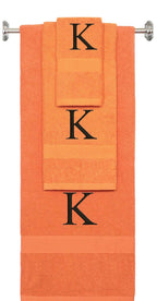 Orange monogrammed towel set with Black thread, Times New Roman font, initial K - 540 GSM cotton 3-piece
