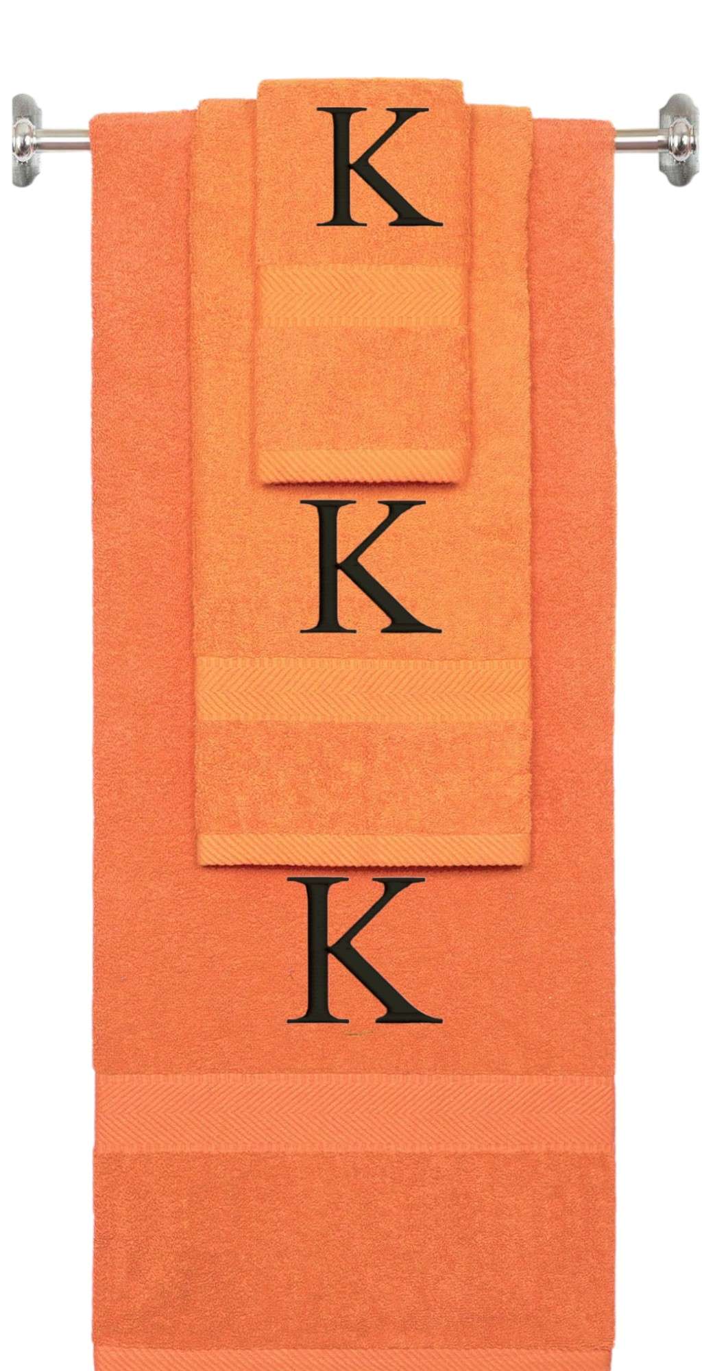 Orange monogrammed towel set with Black thread, Times New Roman font, initial K - 540 GSM cotton 3-piece