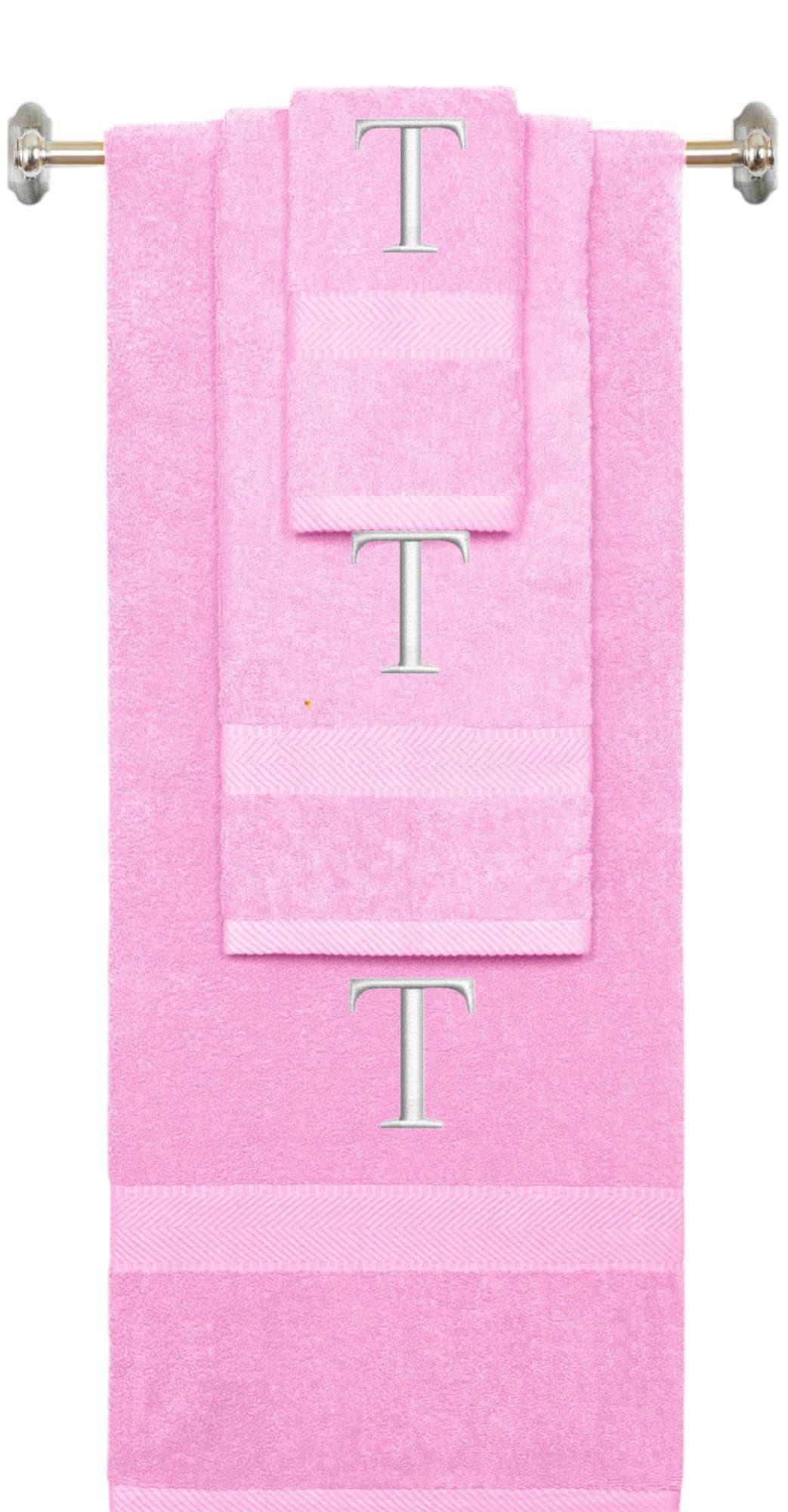 Pink monogrammed towel set with White thread, Times New Roman font, initial T - 540 GSM cotton 3-piece