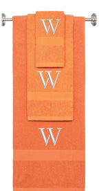 Orange monogrammed towel set with Silver thread, Times New Roman font, initial W - 540 GSM cotton 3-piece