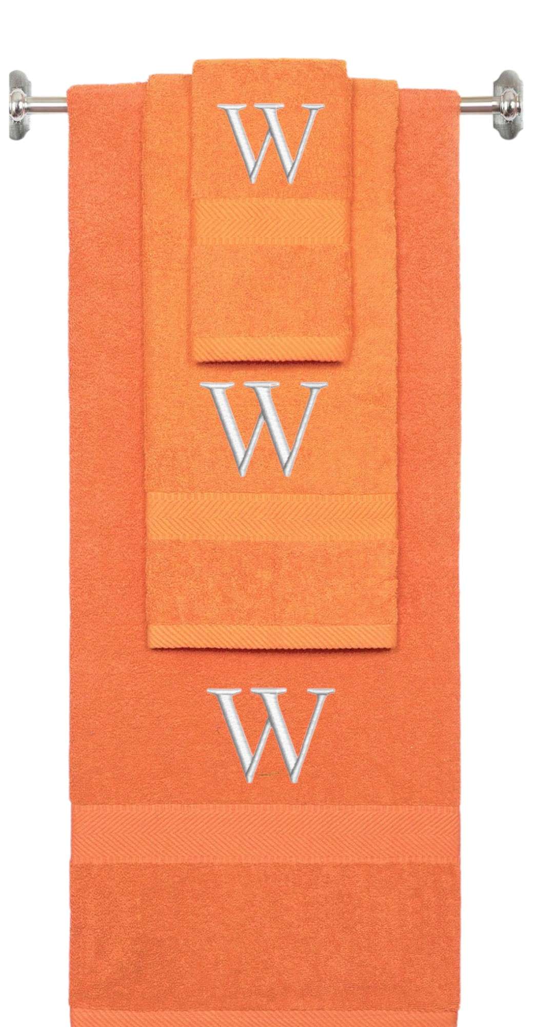 Orange monogrammed towel set with Silver thread, Times New Roman font, initial W - 540 GSM cotton 3-piece