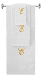 White monogrammed towel set with Gold thread, Diana Script font, initial E - 540 GSM cotton 3-piece