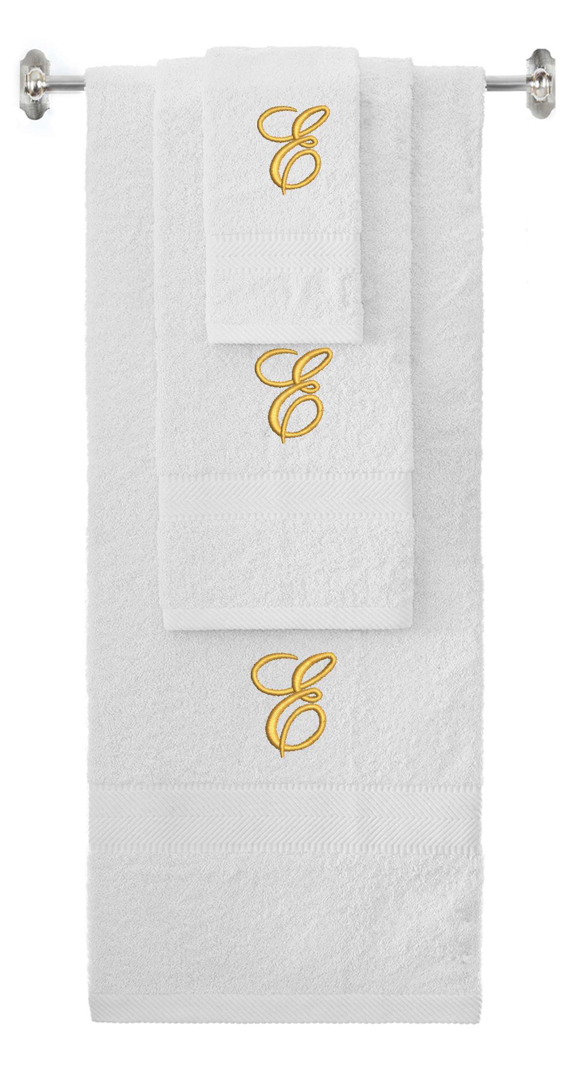 White monogrammed towel set with Gold thread, Diana Script font, initial E - 540 GSM cotton 3-piece