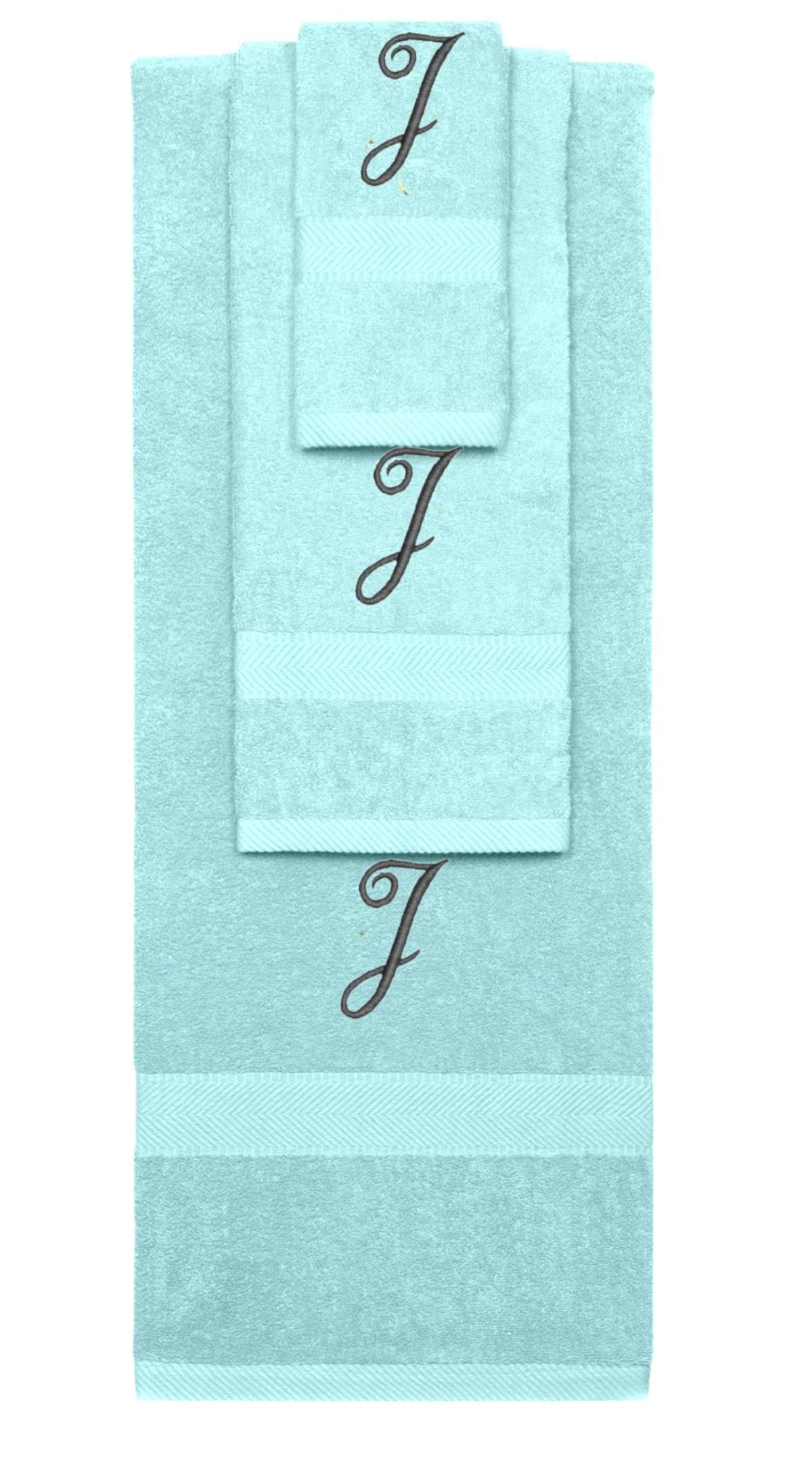 Nautical Teal monogrammed towel set with Black thread, Diana Script font, initial J - 540 GSM cotton 3-piece