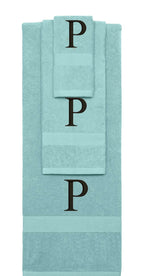 Nautical Teal monogrammed towel set with Black thread, Times New Roman font, initial P - 540 GSM cotton 3-piece